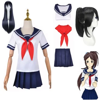Yandere Simulator Ayano Aishi Cosplay kostiumai Žaidimas Anime Girls JK uniforminė apranga Jūreivio marškinėliai su sijonu Black Wigs Set Party