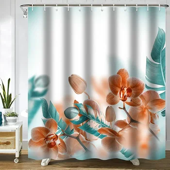 Gėlių dušo užuolaida Atogrąžų orchidėjų žiedų lapai Modernus oranžinis Teal vandeniui atsparus vonios dekoras Dekoro poliesterio audinys su kabliukais