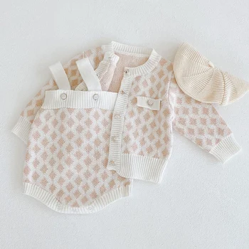 Rudens žiemos kūdikių mergaičių mezgimo drabužių komplektas ilgomis rankovėmis margintas megztinis+kombinezonas Mažylio mergaičių drabužių kostiumas
