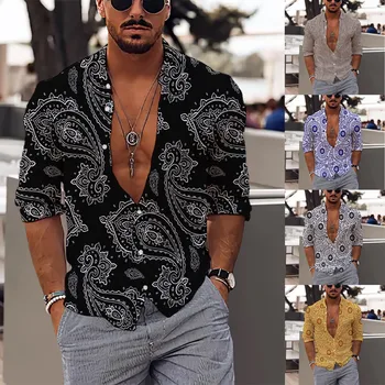 Vyrai Laisvalaikis ilgomis rankovėmis Pavasaris Vasara Pasukite kaklą 3D spausdinti marškiniai Fashion Top Palaidinės marškiniai Sagos gėlė Pavasario ruduo
