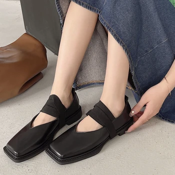 Summer Flats British Fashion Woman Shoes 2023 Square Toe Cross-tied Goth Women Shoes Designer Chunky Shallow Dress Mujer Zapatos
