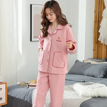 Ruduo Žiema Medvilnė Tarpsluoksnis Šiltų pižamų komplektas Moterys Ilgomis rankovėmis Namų kostiumas Miego drabužiai Ilgomis rankovėmis Sutirštinti dygsniuotų pižamų rinkiniai