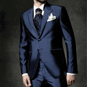 2023 Fashion Casual Custom Made Groom Tuxedo Navy Blue Peak Lapel Wedding/Prom Best Man Suits Bridegroom (Švarkas+Kelnės+Liemenė)