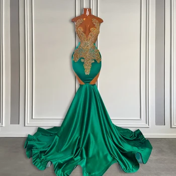 Long Green Prom suknelė juodaodėms merginoms Beaded Rhinestone Elegant Mermaid Style Prom Party Gala Oficialūs chalatai 2024