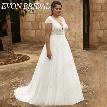 EVON BRIDAL Chiffon A-Line V-Neck vestuvinė suknelė plius dydis trumpomis rankovėmis Nuotakos chalatai Aplikacija Pagal užsakymą pagaminta Vestidos De Novia