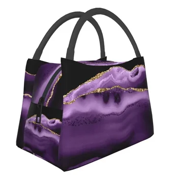 Violetinės ir auksinės agato tekstūros izoliuoti pietų krepšiai moterims Nešiojamas aušintuvas 