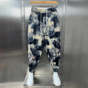 Streetwear Casual Pants Men's Summer New Ink Painting Tie-dye Design Sense 9 Nine-point Pants Men Baggy Haren Pants Men Clothing
