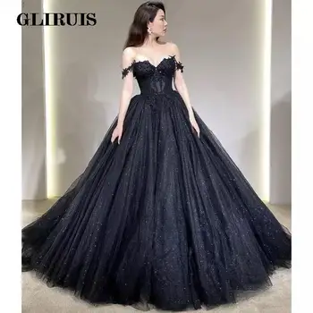 2023 Seksualios juodos prom suknelės Sweetheart Off The Shoulder A-Line Tiulio nėrinių aplikacija Vestidos de Gala vakariniai chalatai