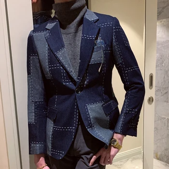 Aukštos kokybės patchwork geometrinis atspaudas Blazer Vintage Blazer Hombre Casual Suit Vyriškas švarkas Pavasario pledas Vyriškas Stilingas švarkas