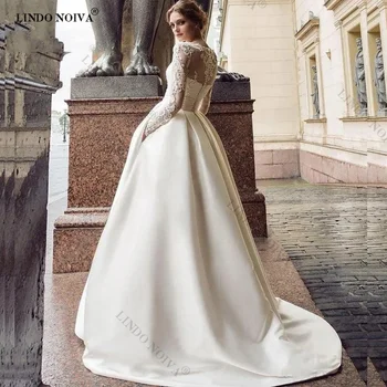 LINDO NOIVA nėrinių aplikacijos A-Line vestuvinės suknelės pilnomis rankovėmis vestuvinės suknelės moterims 2023 Nuotaka O-Neck vestidos de noiva civil