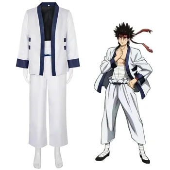 Anime Rurouni Kenshin Cosplay Sanosuke kostiumas Sagara Mada Baltas paltas Kelnės Girdykla Klausos uniforma Helovino puošnus audinys