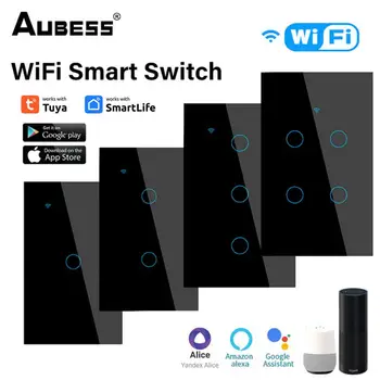Aubess Tuya JAV WiFi išmanusis sieninis jungiklis 1/2/3/4 Gang No Neutral Wire Touch Sensor LED šviesos jungikliai Smart Home Alexa Google Home