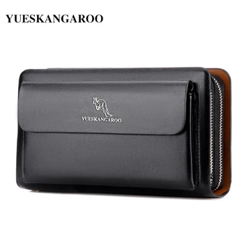 KANGAROO Brand Men Clutch Bag Fashion Leather Long Rankse Double Zipper Business Wallet Black Brown Male Casual Handy Bag