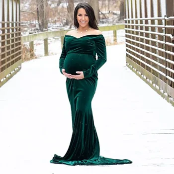 Aksominė motinystės suknelė nuo peties Maxi suknelės fotosesijai ilgomis rankovėmis Nėštumo fotografija Suknelė kūdikio dušui