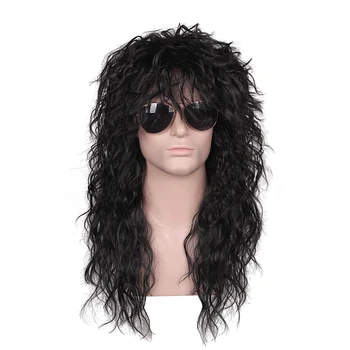 HAIRJOY Funny Halloween Cosplay Wig Vyrai 70s 80s Long Curly Black Rocker kostiumas Perukas