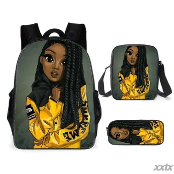 Hip Hop Jaunatviška Afrikos mergina 3D Spausdinti 3vnt/Komplektas Studentų kelioniniai krepšiai Nešiojamas kompiuteris Daypack Kuprinė Pečių krepšys Pieštukų dėklas