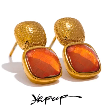 Yhpup Orange Crystal Square 316L Nerūdijančio plieno madingi auskarai moterims Aukso spalva apsaugo nuo alergijos Vintažiniai ausų papuošalai