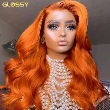 Ginger Body Wave Nėrinių priekinis perukas 13x4 Hd Skaidrus nėrinių priekinis klijai be klijų, oranžinė imbieras Žmogaus plaukų perukai