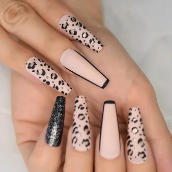 Matte Press On Nails Long Tips Leopard False Fake Nail Art Glitter Beige Artificial Nails Manciure Set