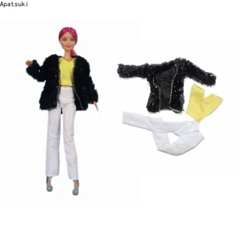 Juodas kailinis švarkas Drabužių komplektas Barbei Lėlių apranga Madingas paltas Liemenė Viršus Baltos kelnės Barbei 1/6 lėlių aksesuarai Vaikiški žaislai