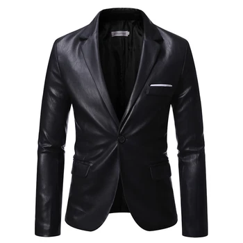 Black PU Faux Leather Blazer Jacket for Men Slim Fit Classic Coat Lapel Single Button, tinkamas atostogoms ir kasdieniam dėvėjimui