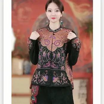 2024 kinų etninė žakardo liemenė švarkas be rankovių tautinių gėlių siuvinėjimo stovas apykaklė rytietiškas tango kostiumas kiniška liemenė