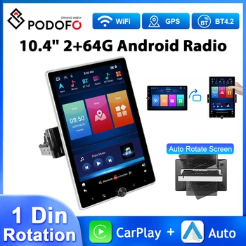 Podofo 10.4'' 1Din Android Car Radio 2+64G Rotation Multimedia Video grotuvas Carplay Android Auto WIFI GPS navigacija Automobilio garsas