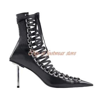 Cross Strap Gladiator Ankle Boots Metal Stilettos Heels Pointy Toe Women Black Leather Shoes Luxury Design Shoes Big Size45 2022