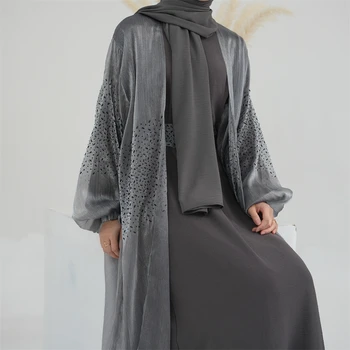 Ramadan Mesh Open Abaya Moterys musulmonės Maxi suknelė Pūsta rankovė Eid Marocain Kaftan Turkijos chalatas Dubajus Jalabiya Kimono Kardigano suknelė