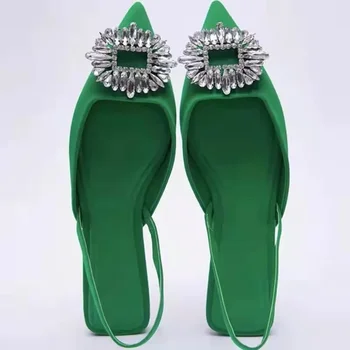 2024 Nauji moteriški batai Smailus pirštas Seklūs nuogi žali deimantiniai batai Žemas kulnas Nugara Strappy Batai Moteriški sandalai
