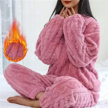 Autumn Women Solid Warm 2 Piece Sets Thicken Velvet Ribbed Fleece Set Pullover And Pants Women Casual Pažamų rinkiniai 2023