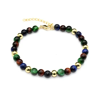 Grade AA Quality Natural Tiger Eyes Green Blue Red Stone 14k Gold Plating Beads Extra Chain Bracelet for Men and Women Jewelry