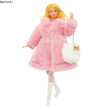 Pink Faux Fur Long Coat Jacket Doll Clothes Set for Barbie Outfits Kojinės Batai Batai Batai Krepšys 1/6 Lėlės Aksesuarai Vaikiški žaislai 1:6