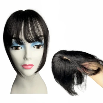 Human Hair Toppers Clip in Hairpieces With 3D Air Bangs Hair for Women Mini Short Straight Rugs Toupee Mid Part Wiglet for Mild
