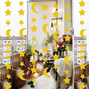 2/4m Ramadano dekoracija Auksinė mėnulio žvaigždė Kabantys blizgučiai Girliandos lašas Ornamentas Eid al-Fitr pakabukų vakarėlio reikmenims EID Mubarak
