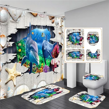 Ocean Design Dolphin vandeniui atsparaus audinio vonios kambario 3D dušo užuolaidų komplektas su neslystančiais kilimėliais Tualeto dangtis Vonios kilimėlis Namų dekoravimas