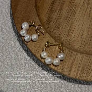 barokiniai gėlavandenių perlų auskarai Prancūziški vintažiniai paprasto dizaino 