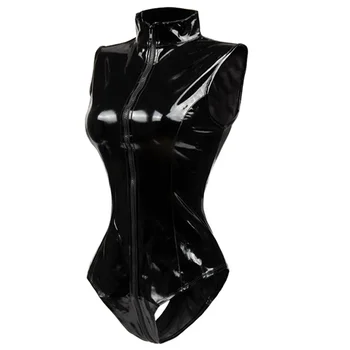 Black Crotch Zipper Sexy Spandex Bodyper Leather Latex Catsuite PVC JumpSuit Women Short PU BodySuit Clubwear