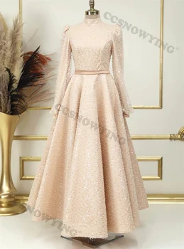 Fashion Sparkly Sequin Muslim Evening Dresses Long Sleeve Islamic Formal Party Gowns High Neck Women Arabic Robes De Soirée