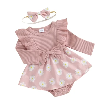 Baby Girl 2Pcs Pavasario apranga ilgomis rankovėmis lankas priekyje Daisy Print Romper su galvos juostos komplektu Kūdikių drabužiai