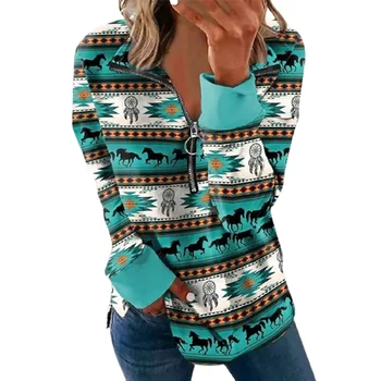 Moterys Vakarietiško stiliaus džemperis Atlapas Užtrauktukas Susiliejimas Su gobtuvu Ruduo Žiema Laisvalaikio vintažinė geometrija Spausdinti Ilgomis rankovėmis Moteriškos viršūnės