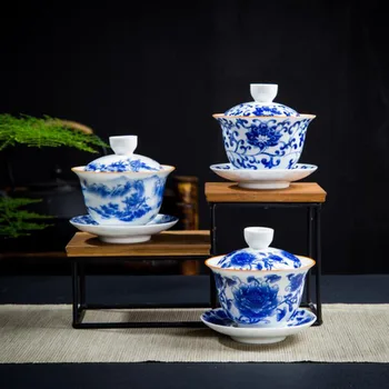 Mėlynas ir baltas porcelianas Sancai Gaiwan Kinų stiliaus gėlių peizažo raštas Arbatos puodelis Pagarba Arbatos dubuo Virtuvė Gėrimas Teavas