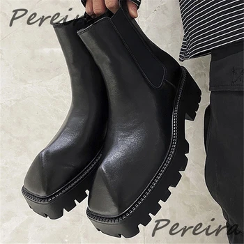 prabangaus dizaino juodi vyrai Chelsea batai storas padas platforma kvadratinis pirštų odinis kulkšnies batai Britų stiliaus mados vyriški batai