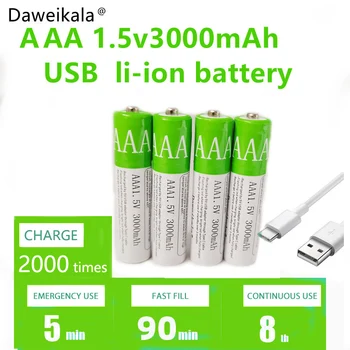 2021Naujos USB AAA įkraunamos baterijos 1.5V 3000 mAh ličio jonų baterija nuotolinio valdymo peleiElektrinė žaislinė baterija + C tipo laidas