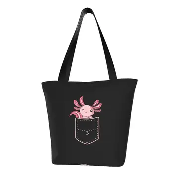 Custom Cute Axolotl In Pocket Shopping Canvas Bag Women Recycling Grocery Amfibian Exotic Animal Shopper Tote Bags