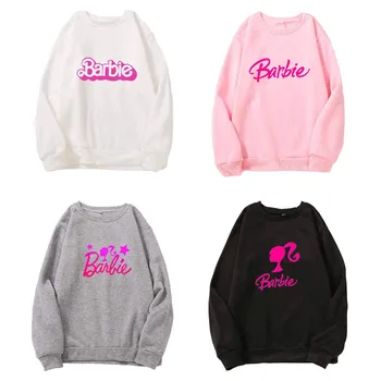 Kawaii Girl Barbie Printed Velvet Sweater Couple Large Size Comfortable Loose Casual Round Neck Pullover Student Cotton Top