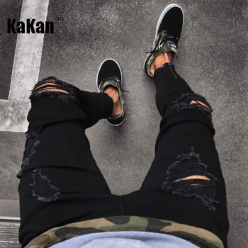 Kakan - karštas naujų juodų plėšytų tamprių džinsų su užtrauktuku, plonų vyriškų mažų kojų kelnių, ilgų kietų džinsų K016-1010 pardavimas