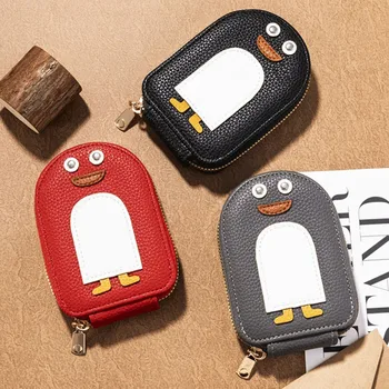 Cartoon Penguin Leather Wallet for Women Handheld Credit Card Bag Key Case New Lovable Zipper Coin Purse Lady's Name Card Holder