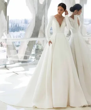 Vintažinės ilgos satino vestuvinės suknelės su kišenėmis A-Line nėriniai V-Neck Middle East Zipper Back Brautkleid Robes de Soirée moterims