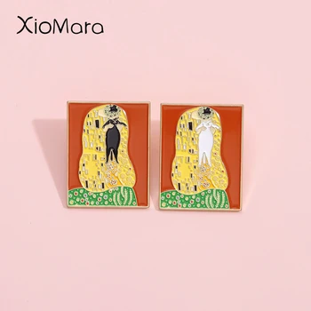 Kuss-Gustav Klimt Emalio smeigtukai Piešimo menas Aliejinė tapyba Katės sagės Atlapų ženkliukai Meninis žavesys Papuošalai Dovana Draugams mylėtojams
